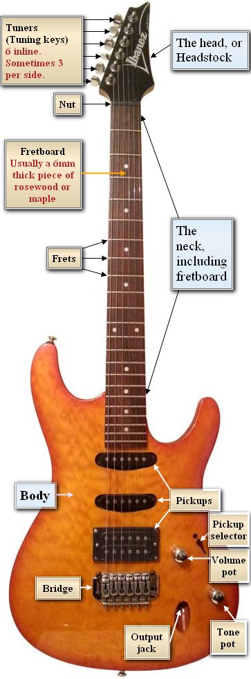 Electric guitar labelled by part